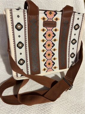 Embroidered Canvas Crossbody Bag - Brown & Pink